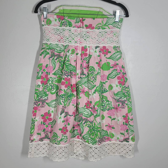 Lilly Pulitzer A-Line Dress Size 2 Strapless Lace Trim Floral Print Green Pink - Picture 2 of 6